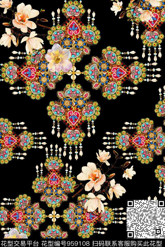 花卉珠宝宝石玉兰花数码印花华亿平台下载（图片编号: 959108） - 瓦栏（Walan）