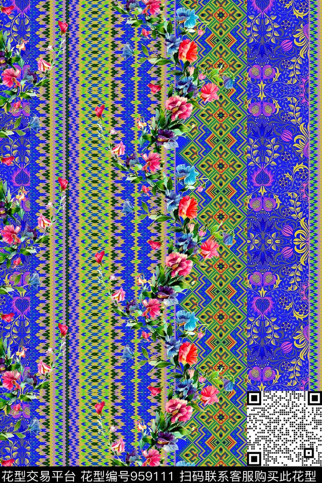 条纹民族风花卉数码印花华亿平台下载（图片编号: 959111） - 瓦栏（Walan）