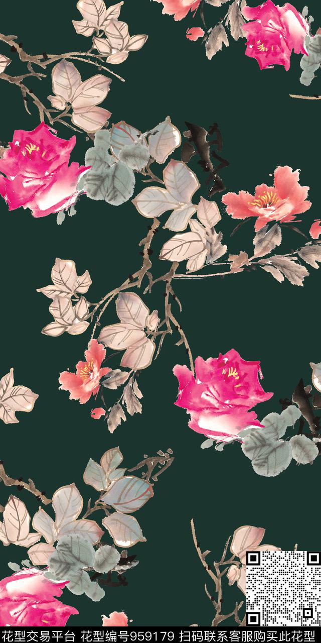 手绘花卉水墨风香云纱数码印花华亿平台下载（图片编号: 959179） - 瓦栏（Walan）