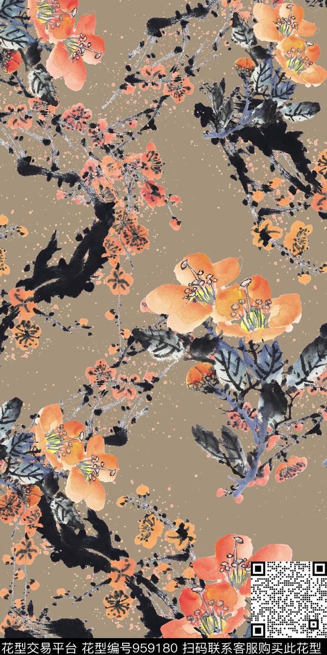 手绘花卉水墨风香云纱数码印花华亿平台下载（图片编号: 959180） - 瓦栏（Walan）