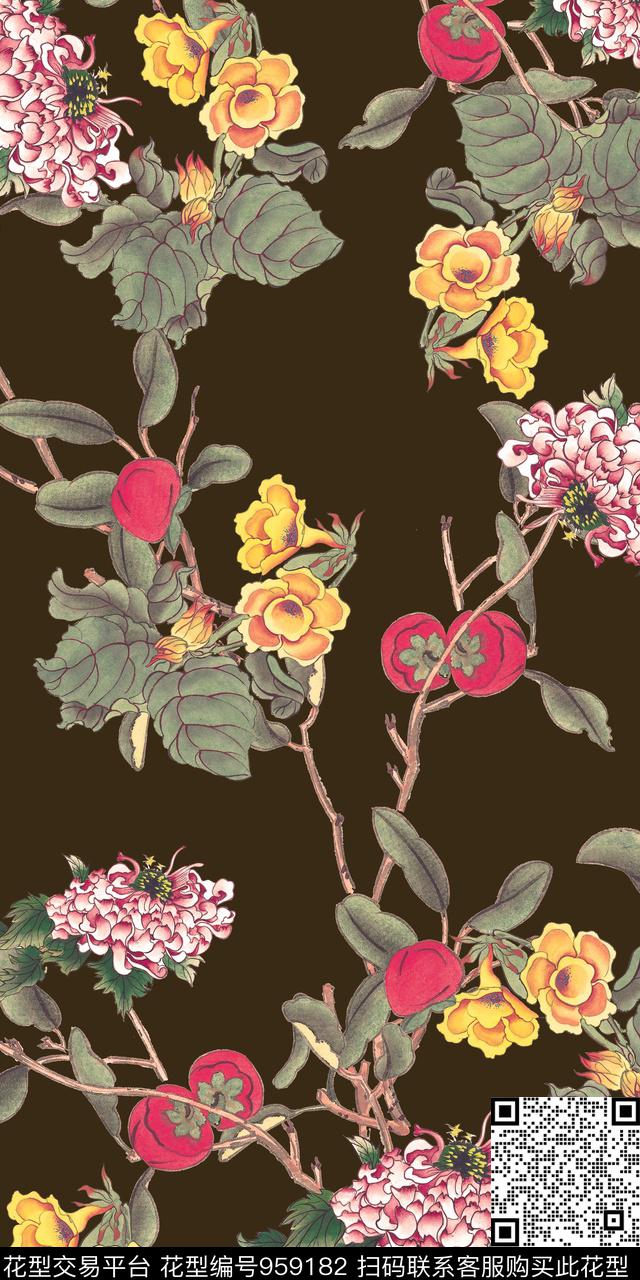 手绘花卉水墨风香云纱数码印花华亿平台下载（图片编号: 959182） - 瓦栏（Walan）