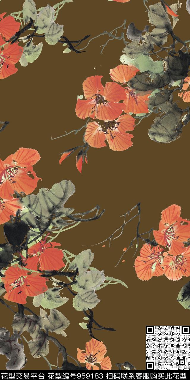 手绘花卉水墨风香云纱数码印花华亿平台下载（图片编号: 959183） - 瓦栏（Walan）