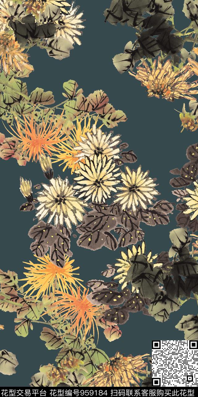 手绘花卉水墨风香云纱数码印花华亿平台下载（图片编号: 959184） - 瓦栏（Walan）