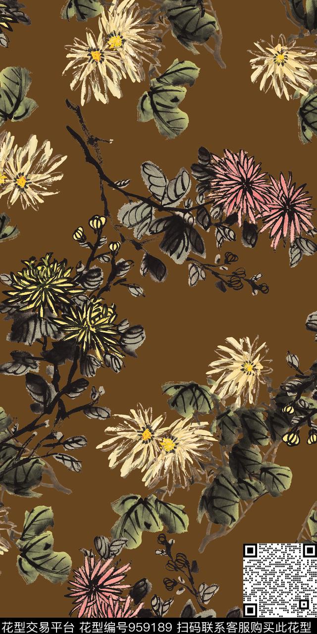 手绘花卉水墨风香云纱数码印花华亿平台下载（图片编号: 959189） - 瓦栏（Walan）