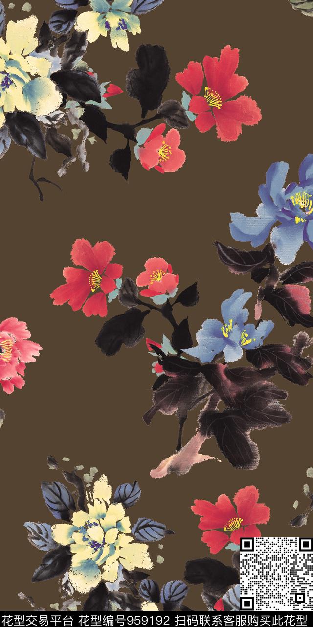 手绘花卉水墨风香云纱数码印花华亿平台下载（图片编号: 959192） - 瓦栏（Walan）
