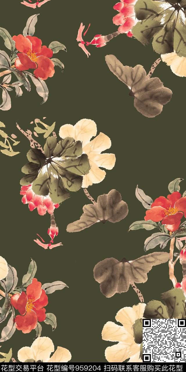 手绘花卉水墨风香云纱数码印花华亿平台下载（图片编号: 959204） - 瓦栏（Walan）
