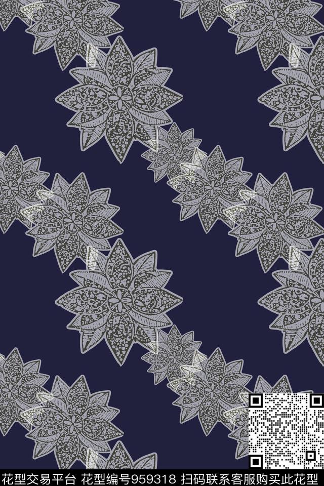 条纹秋冬华亿平台风格化花卉传统印花华亿平台下载（图片编号: 959318） - 瓦栏（Walan）