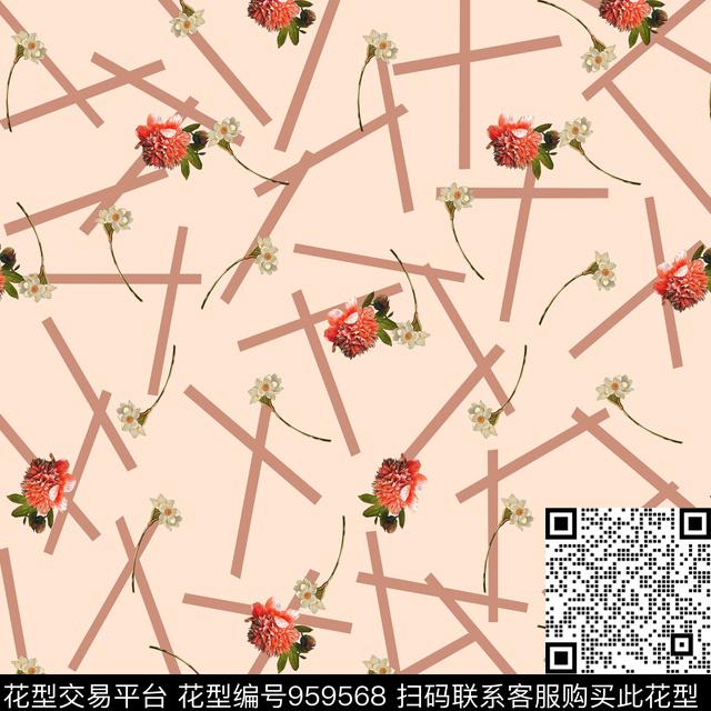条纹小方巾花卉数码印花华亿平台下载（图片编号: 959568） - 瓦栏（Walan）
