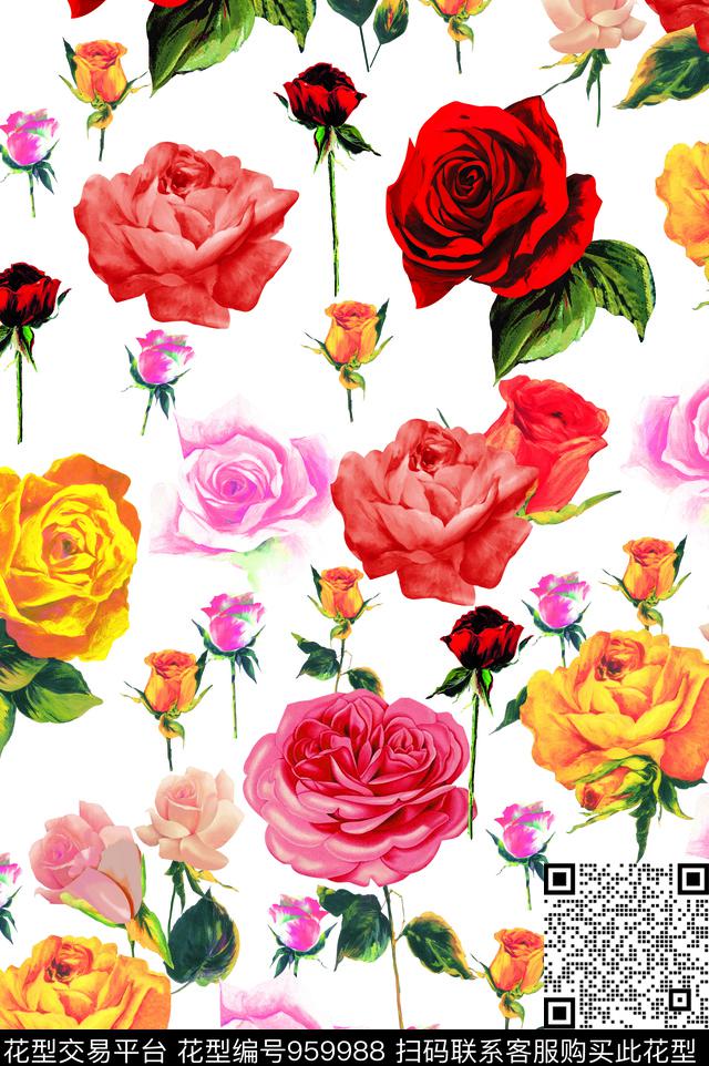 大花玫瑰花DOLCEGABBANA数码印花华亿平台下载（图片编号: 959988） - 瓦栏（Walan）