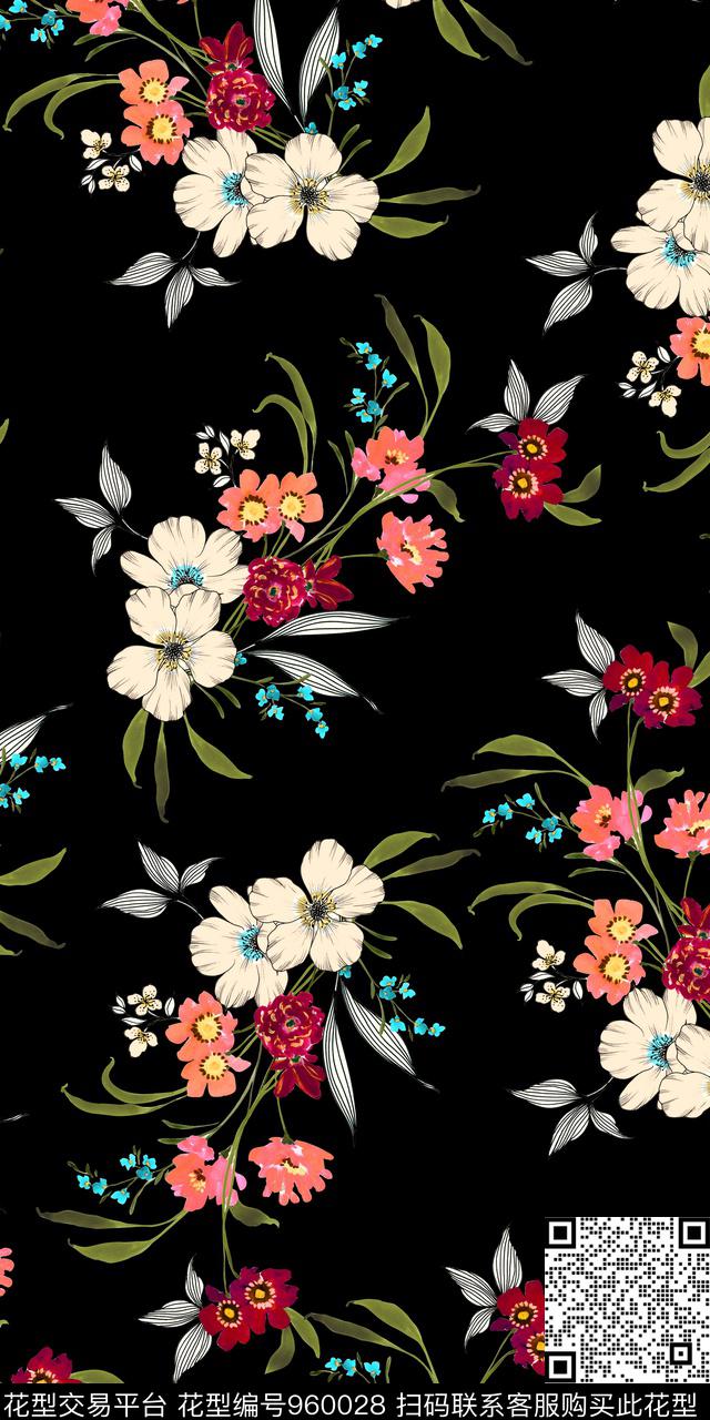 黑底花卉手绘花卉清爽底花卉数码印花华亿平台下载（图片编号: 960028） - 瓦栏（Walan）