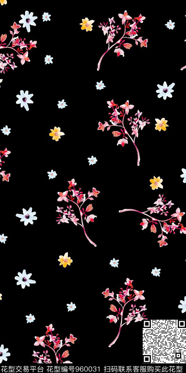 黑底花卉小碎花手绘花卉数码印花华亿平台下载（图片编号: 960031） - 瓦栏（Walan）