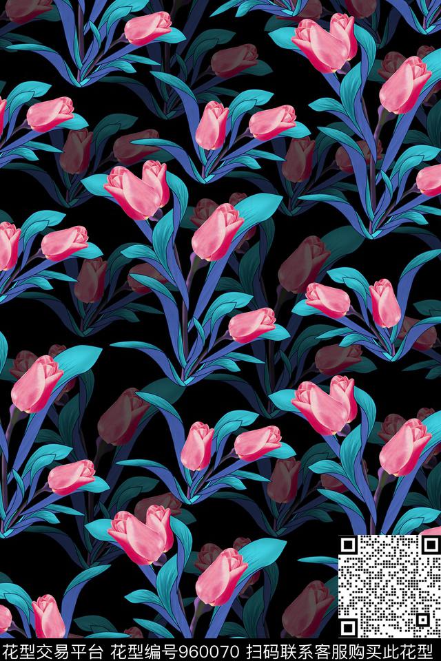 郁金香手绘风格花卉时尚写意数码印花华亿平台下载（图片编号: 960070） - 瓦栏（Walan）