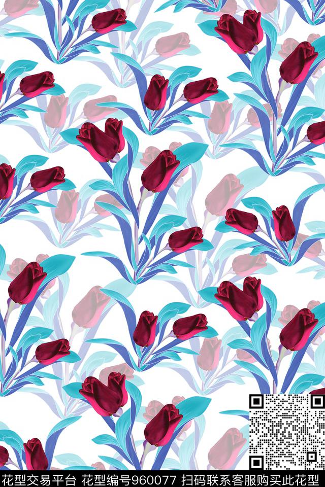 郁金香手绘风格花卉时尚写意数码印花华亿平台下载（图片编号: 960077） - 瓦栏（Walan）