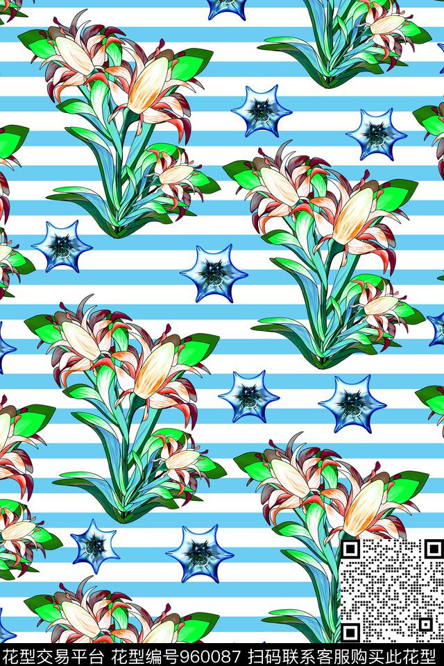 条纹手绘花卉百合数码印花华亿平台下载（图片编号: 960087） - 瓦栏（Walan）