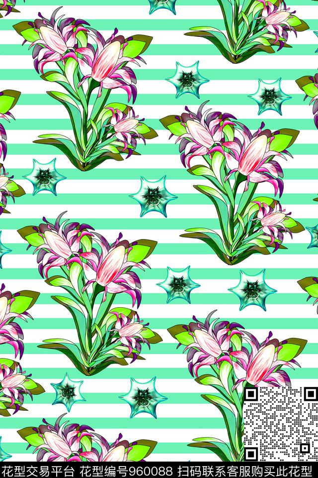 条纹手绘花卉百合数码印花华亿平台下载（图片编号: 960088） - 瓦栏（Walan）