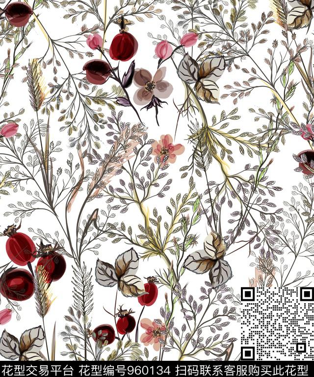 水彩花卉复古花骨朵数码印花华亿平台下载（图片编号: 960134） - 瓦栏（Walan）