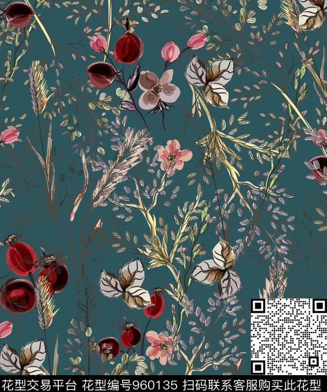 水彩花卉复古花骨朵数码印花华亿平台下载（图片编号: 960135） - 瓦栏（Walan）