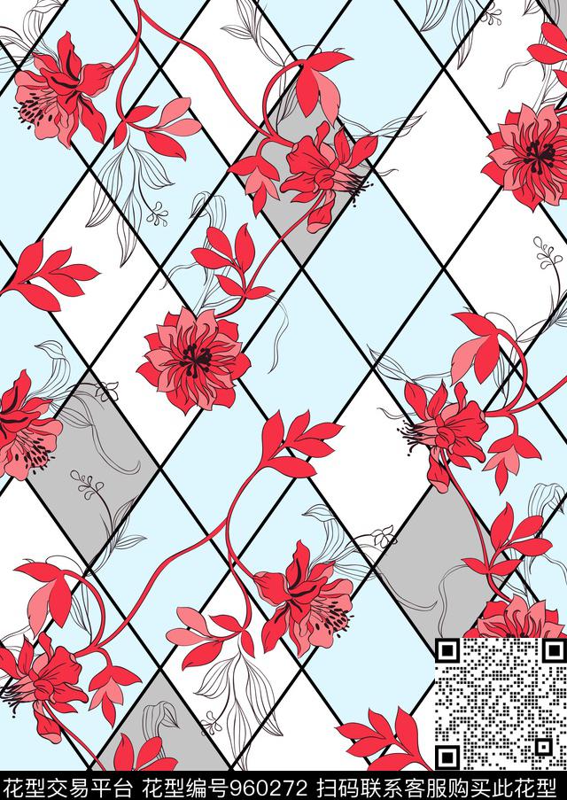 条格几何花卉现代花卉传统印花华亿平台下载（图片编号: 960272） - 瓦栏（Walan）