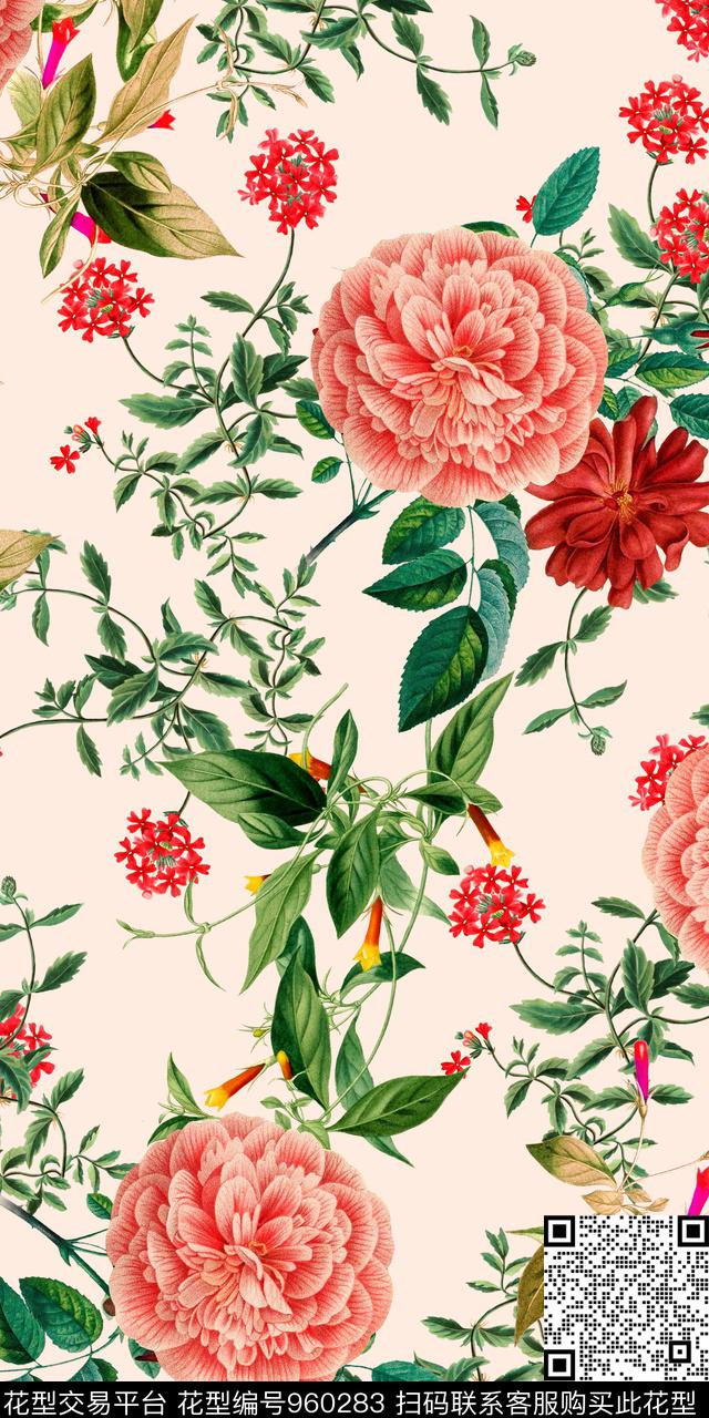 手绘花卉手绘叶子清爽底花卉数码印花华亿平台下载（图片编号: 960283） - 瓦栏（Walan）