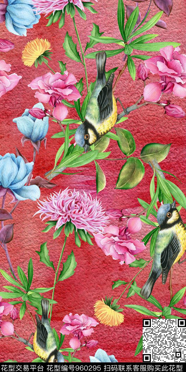 手绘花卉鸟/昆虫花鸟数码印花华亿平台下载（图片编号: 960295） - 瓦栏（Walan）