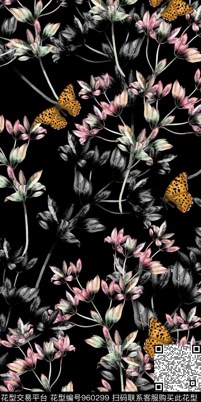 蝴蝶花鸟手绘树叶数码印花华亿平台下载（图片编号: 960299） - 瓦栏（Walan）