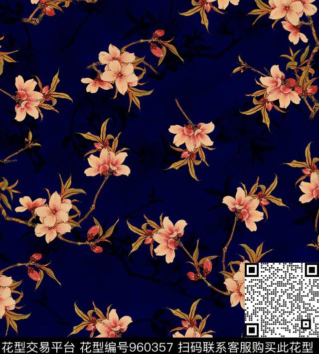 手绘花卉香云纱桃花数码印花华亿平台下载（图片编号: 960357） - 瓦栏（Walan）