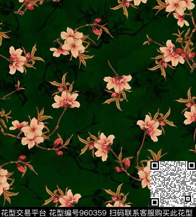 手绘花卉香云纱桃花数码印花华亿平台下载（图片编号: 960359） - 瓦栏（Walan）