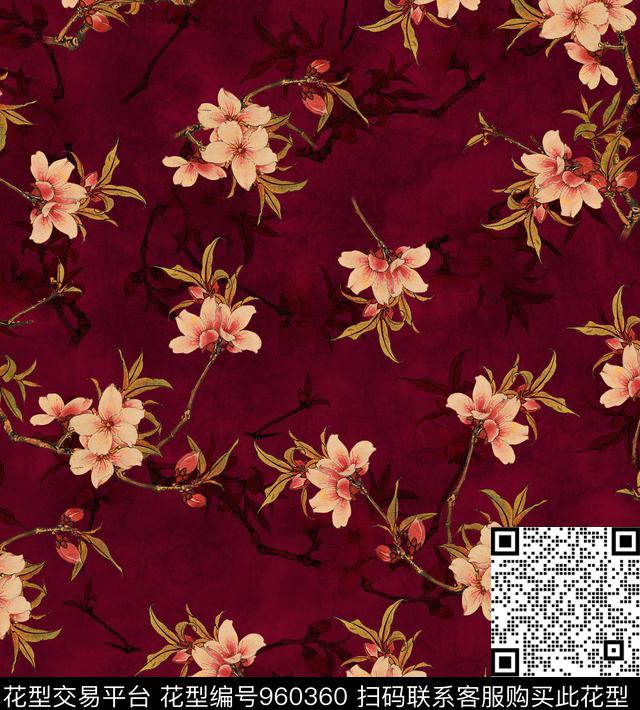 手绘花卉香云纱桃花数码印花华亿平台下载（图片编号: 960360） - 瓦栏（Walan）