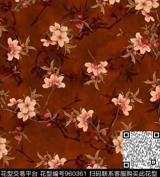 手绘花卉香云纱桃花数码印花华亿平台下载（图片编号: 960361） - 瓦栏（Walan）