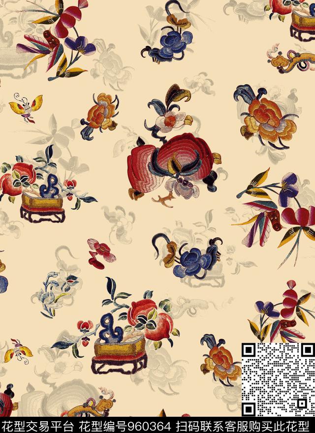 传统华亿平台花卉绣花华亿平台数码印花华亿平台下载（图片编号: 960364） - 瓦栏（Walan）