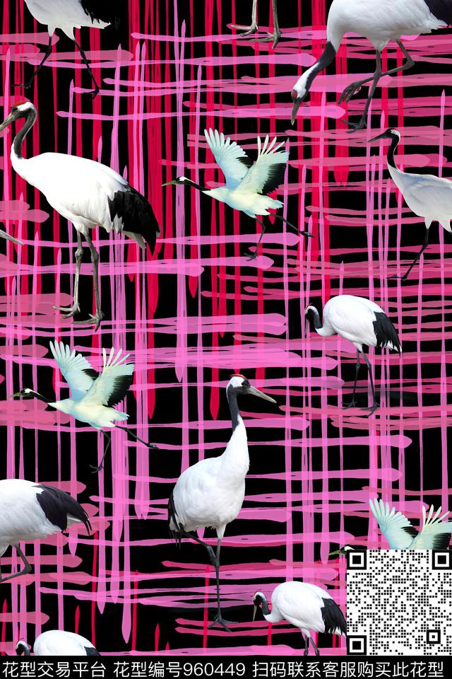 线条仙鹤动物传统印花华亿平台下载（图片编号: 960449） - 瓦栏（Walan）