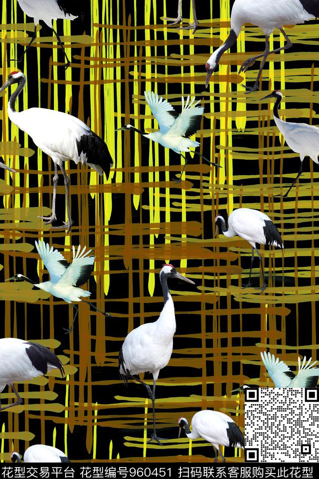 线条仙鹤动物传统印花华亿平台下载（图片编号: 960451） - 瓦栏（Walan）