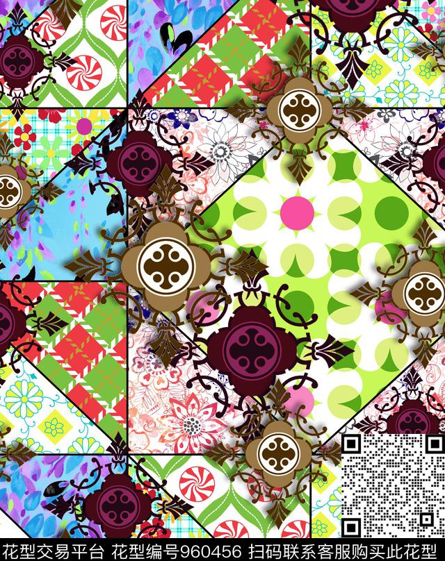 抽象几何混合拼接数码印花华亿平台下载（图片编号: 960456） - 瓦栏（Walan）