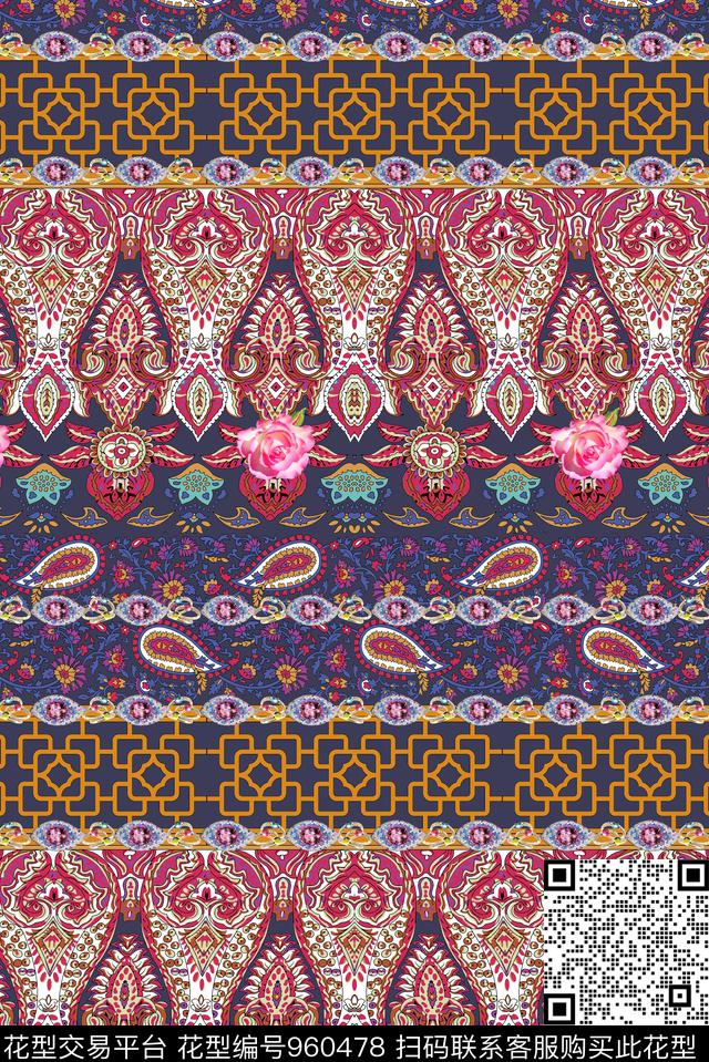 民族风抽象定位花数码印花华亿平台下载（图片编号: 960478） - 瓦栏（Walan）