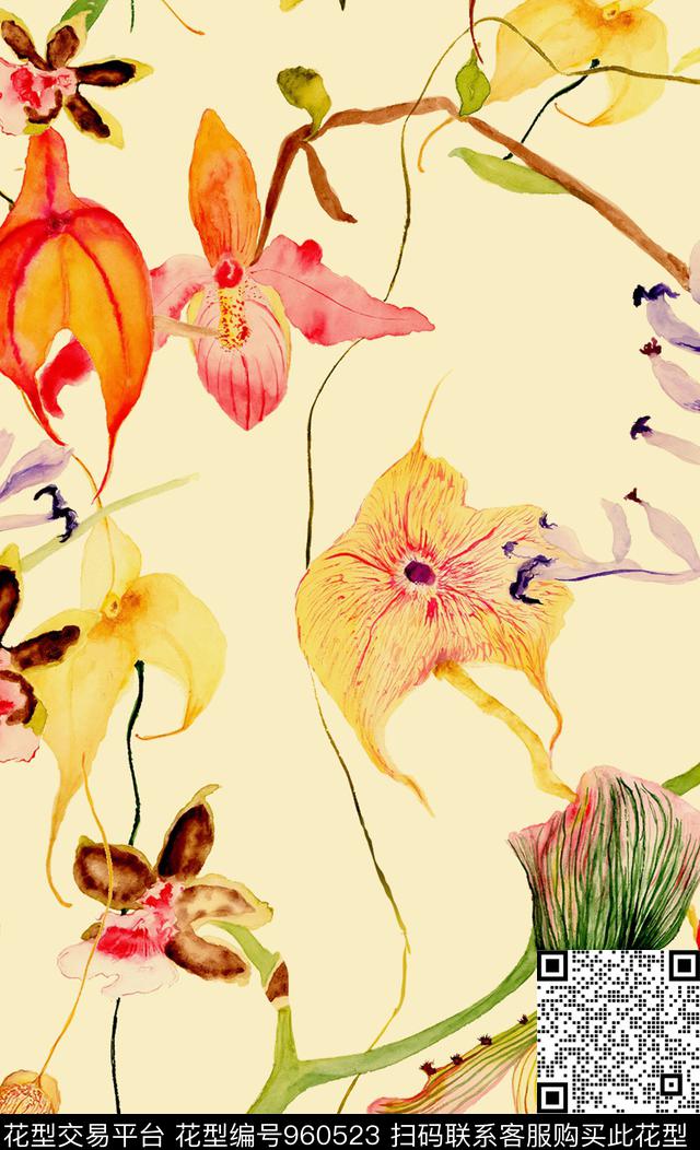 女装水墨风花卉数码印花华亿平台下载（图片编号: 960523） - 瓦栏（Walan）