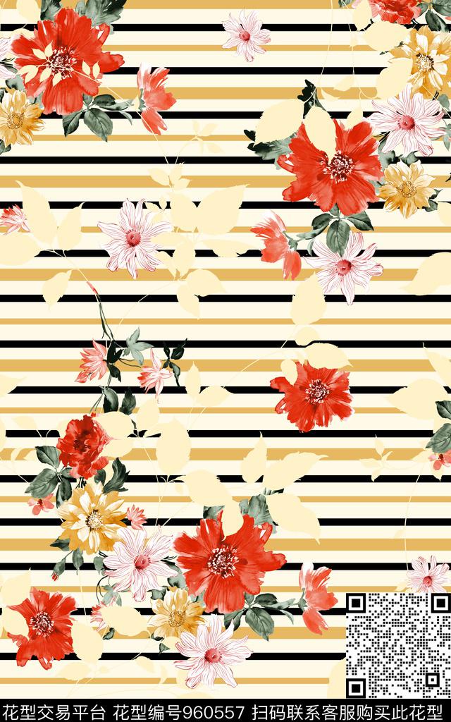 条纹春夏华亿平台花卉数码印花华亿平台下载（图片编号: 960557） - 瓦栏（Walan）