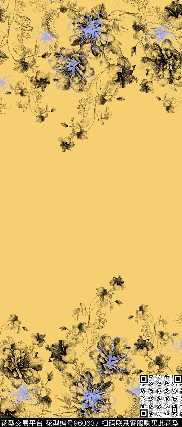 春夏华亿平台线条花卉绿植树叶数码印花华亿平台下载（图片编号: 960637） - 瓦栏（Walan）