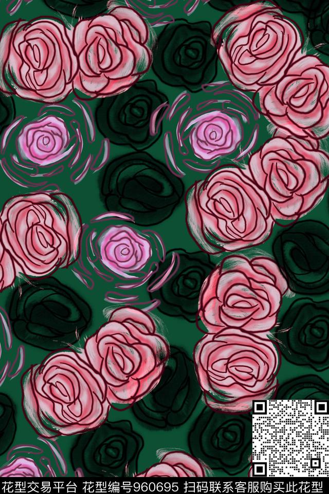 花卉简约玫瑰简约手绘风格传统印花华亿平台下载（图片编号: 960695） - 瓦栏（Walan）