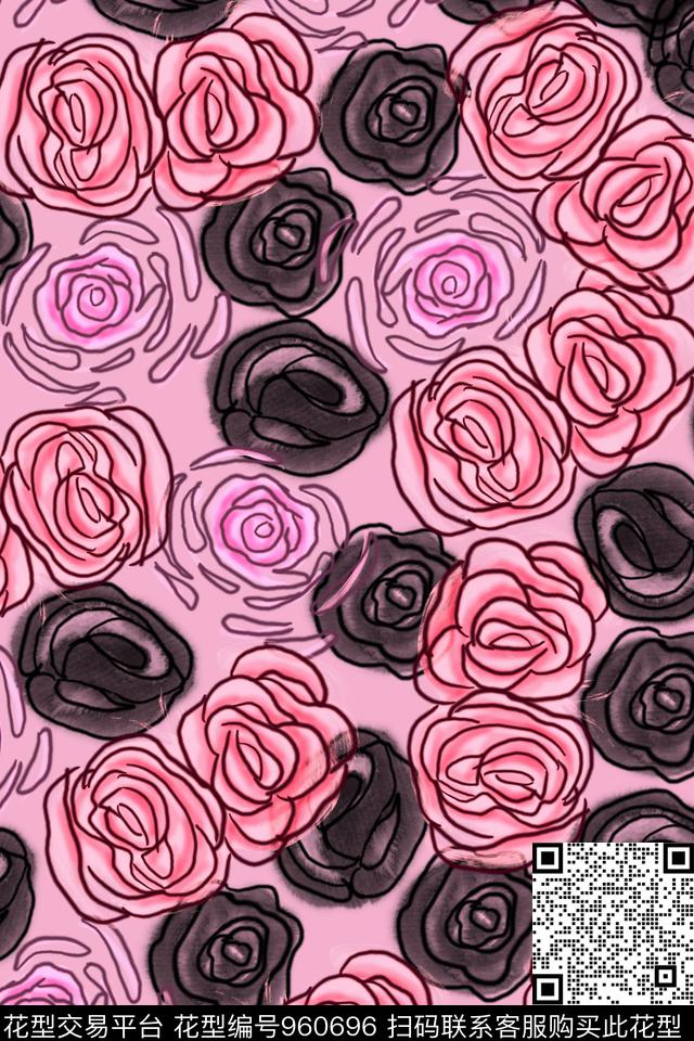 花卉简约玫瑰简约手绘风格传统印花华亿平台下载（图片编号: 960696） - 瓦栏（Walan）