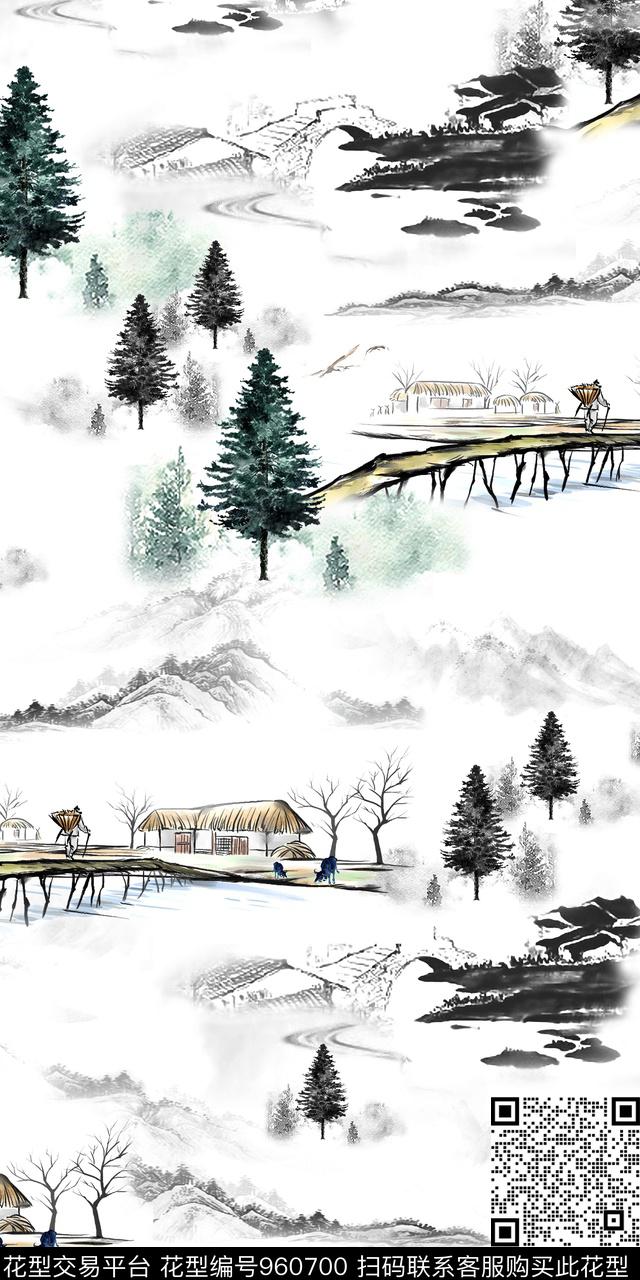 风景景观3D立体水墨风数码印花华亿平台下载（图片编号: 960700） - 瓦栏（Walan）