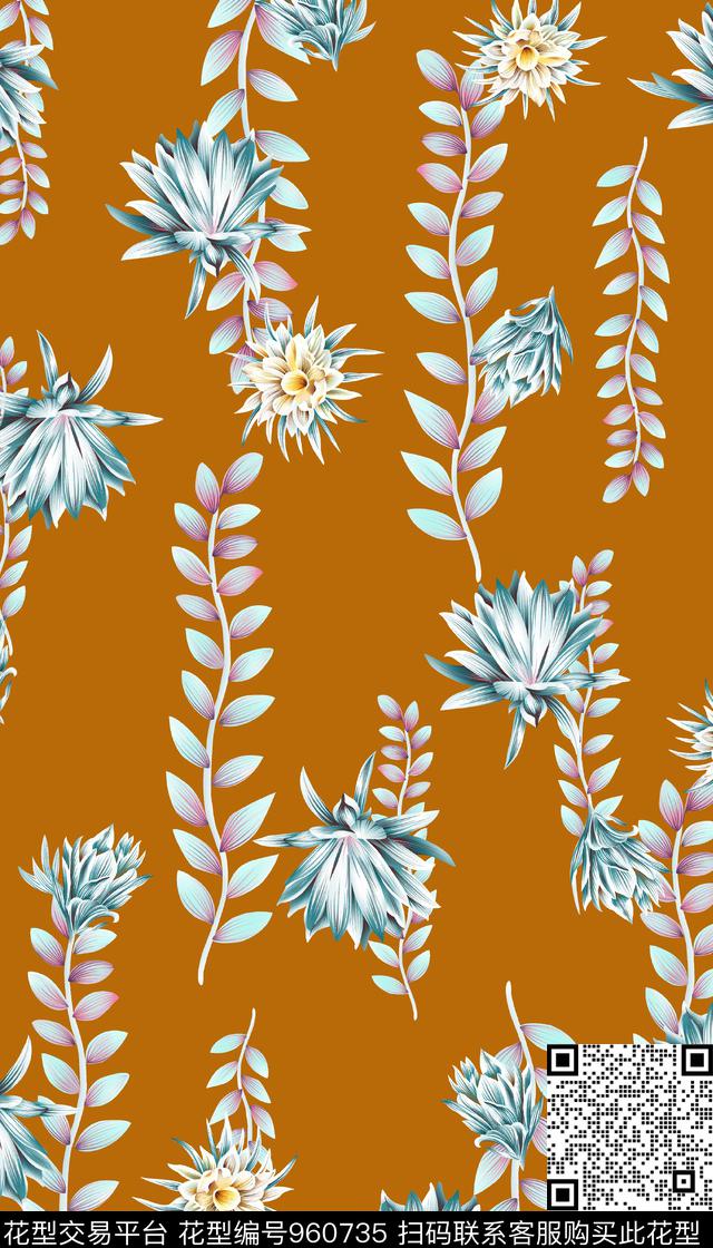 抽象花卉绿植树叶竖条花数码印花华亿平台下载（图片编号: 960735） - 瓦栏（Walan）