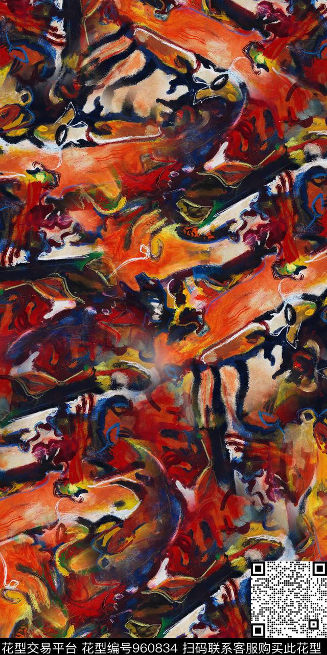 数码华亿平台手绘花卉抽象数码印花华亿平台下载（图片编号: 960834） - 瓦栏（Walan）