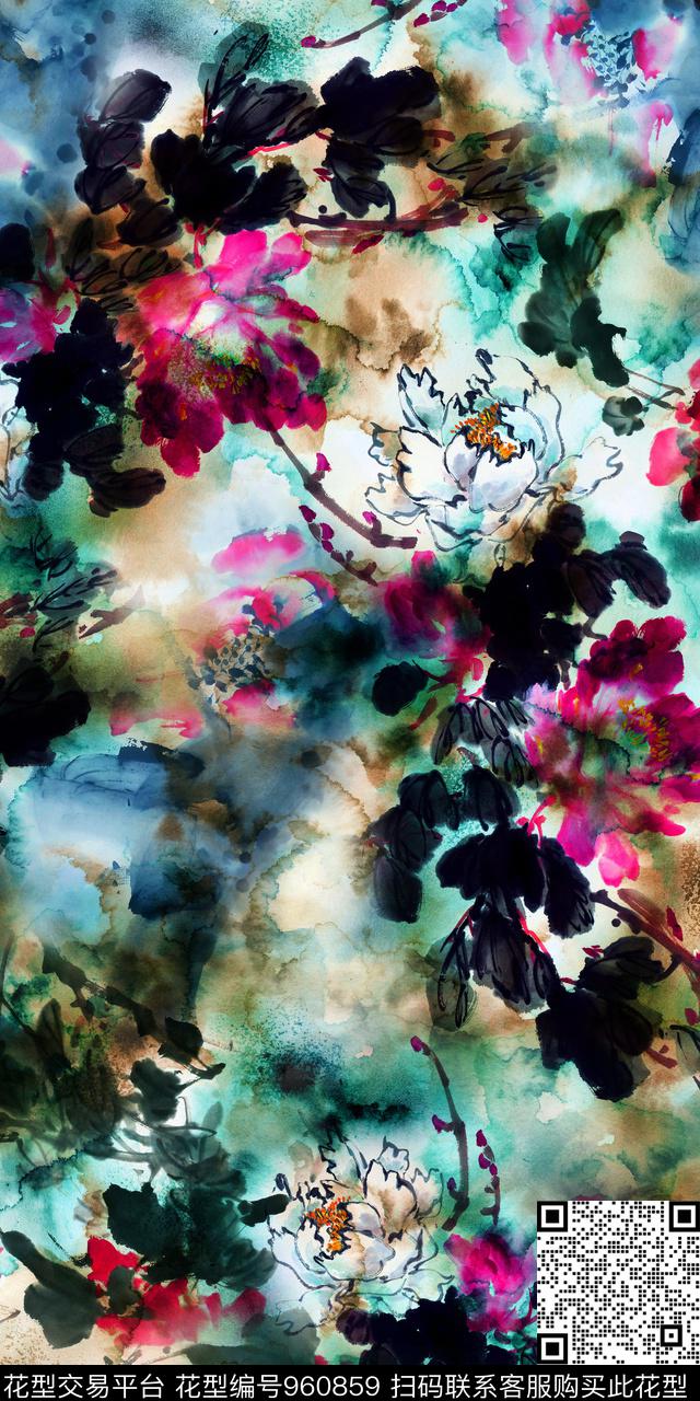 数码华亿平台手绘花卉水墨风数码印花华亿平台下载（图片编号: 960859） - 瓦栏（Walan）