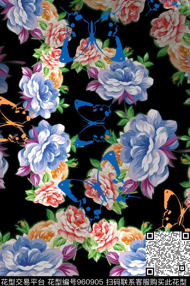 秋冬华亿平台风格化花卉蝴蝶数码印花华亿平台下载（图片编号: 960905） - 瓦栏（Walan）
