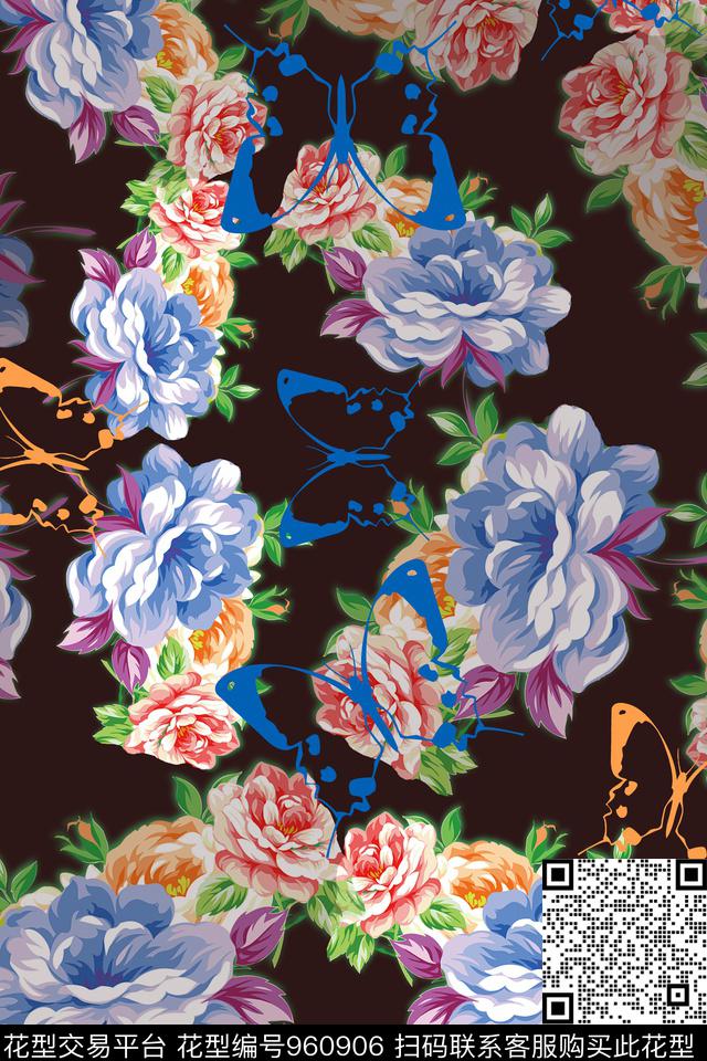 秋冬华亿平台风格化花卉蝴蝶数码印花华亿平台下载（图片编号: 960906） - 瓦栏（Walan）