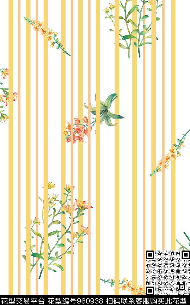 条纹春夏华亿平台手绘花卉数码印花华亿平台下载（图片编号: 960938） - 瓦栏（Walan）