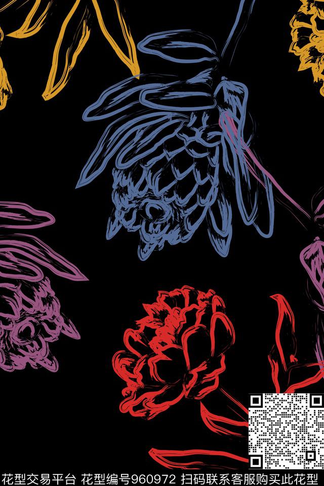 花卉笔触线条女装传统印花华亿平台下载（图片编号: 960972） - 瓦栏（Walan）