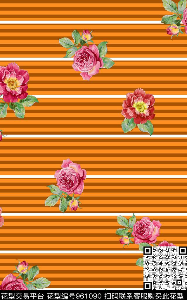 条纹格子花卉数码印花华亿平台下载（图片编号: 961090） - 瓦栏（Walan）