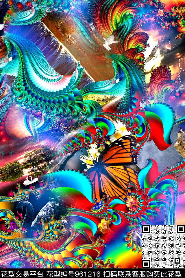 分形抽象蝴蝶数码印花华亿平台下载（图片编号: 961216） - 瓦栏（Walan）