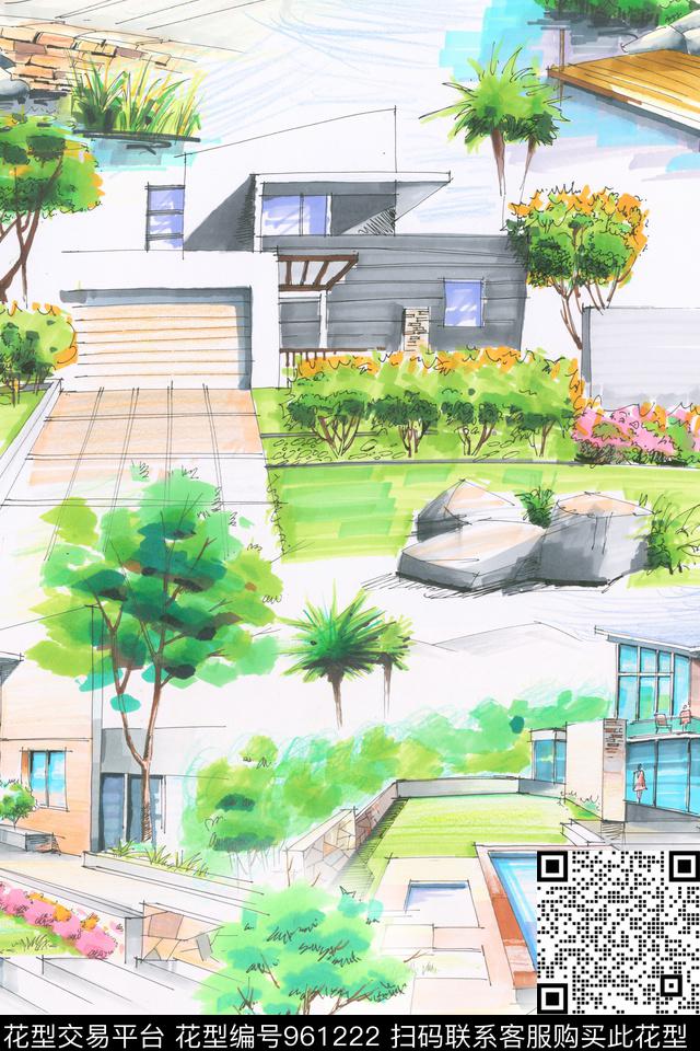 建筑水彩花卉风景景观数码印花华亿平台下载（图片编号: 961222） - 瓦栏（Walan）